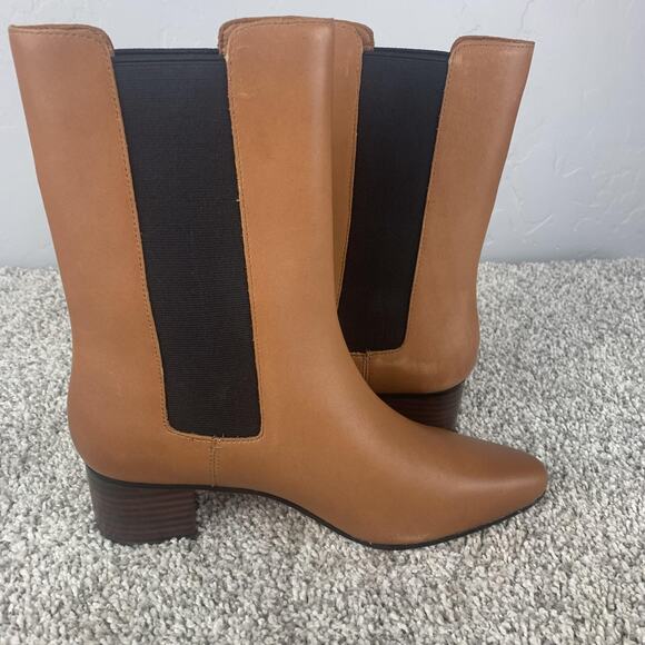 J. Crew Boots Womens Size 7.5 Brown Tan Chelsea Block Heel Leather Ankle Pull On - Picture 7 of 12